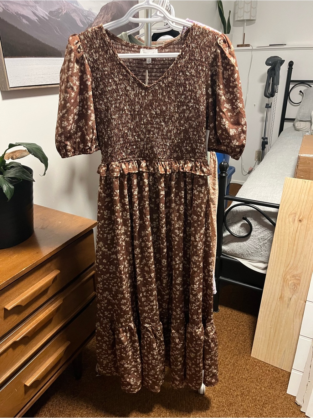 orange creek Brown Floral Maxi Dress with Puff Sleeves